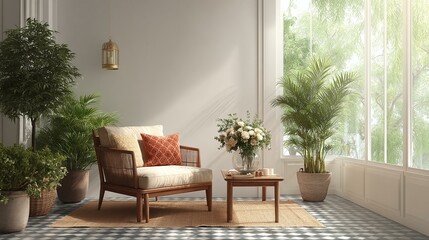 Modern Indoor Living Room with Plants and Furniture