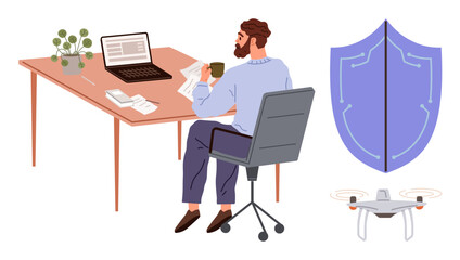 Person seated at desk with laptop, papers, and coffee, beside drone and shield. Ideal for technology, security, innovation, remote work safety research and digital marketing. Simple flat metaphor