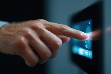 Person interacting with futuristic smart home control panel on a touchscreen