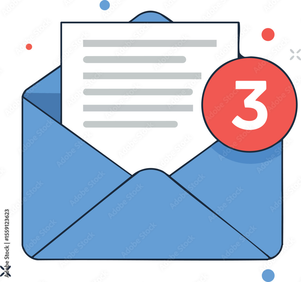 Poster email notification icon with three unread messages in blue envelope vector illustration for communic