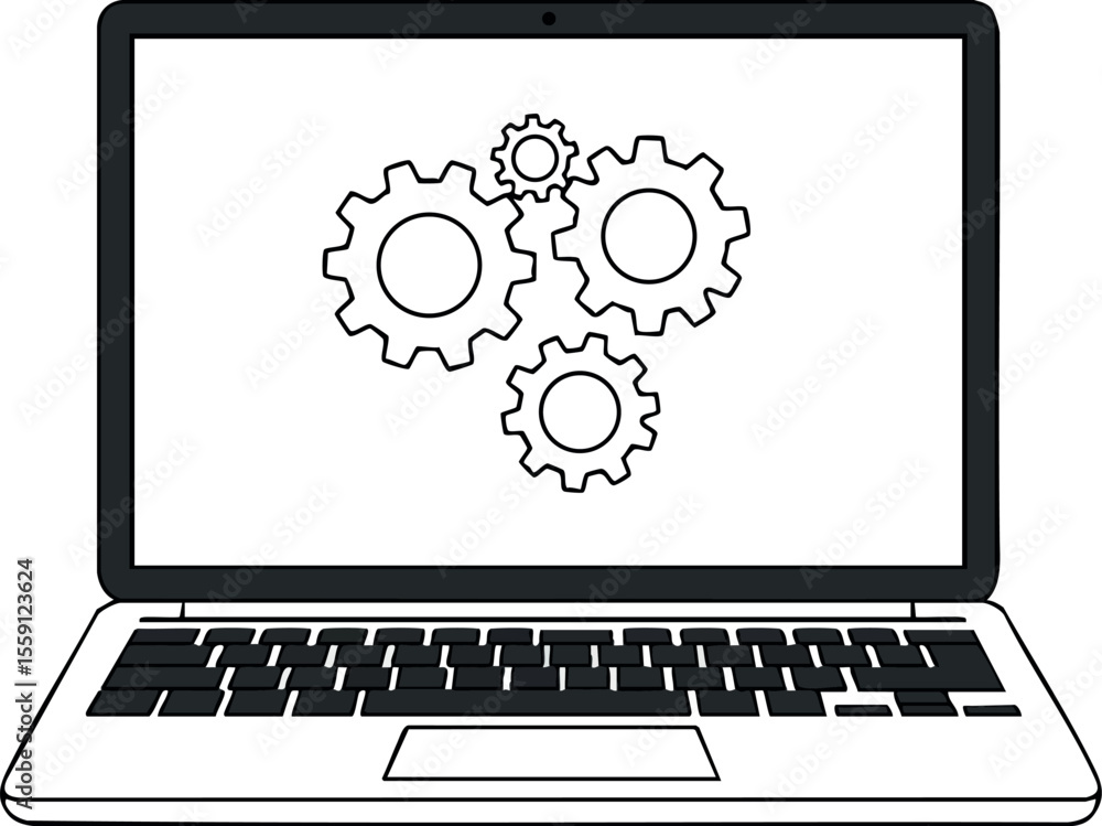 Poster laptop computer with gears on screen technology concept vector illustration in black and white simpl