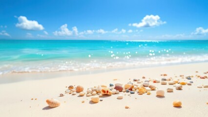 Coastal Serenity: A serene beach with sparkling turquoise waters invites you to a world of tranquility, under a clear, cloud-speckled sky.