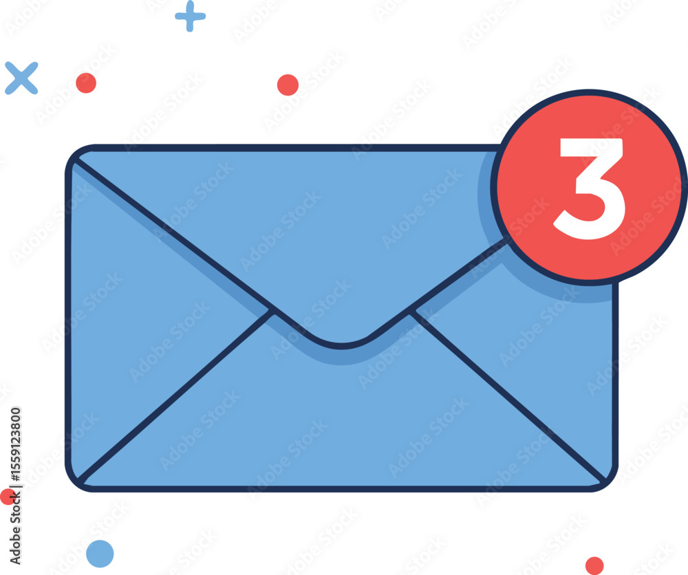 Poster blue envelope with notification badge showing three new messages in flat vector style for communicat