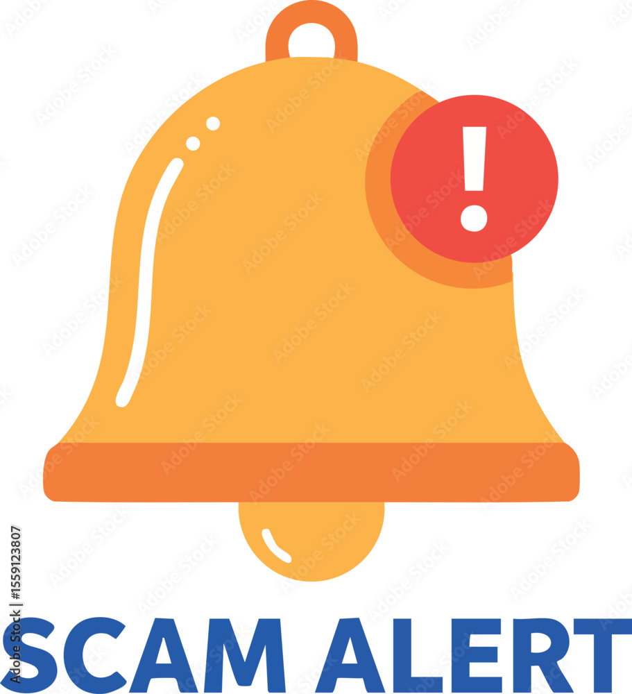 Poster scam alert notification bell icon with exclamation mark message for warning and security awareness v