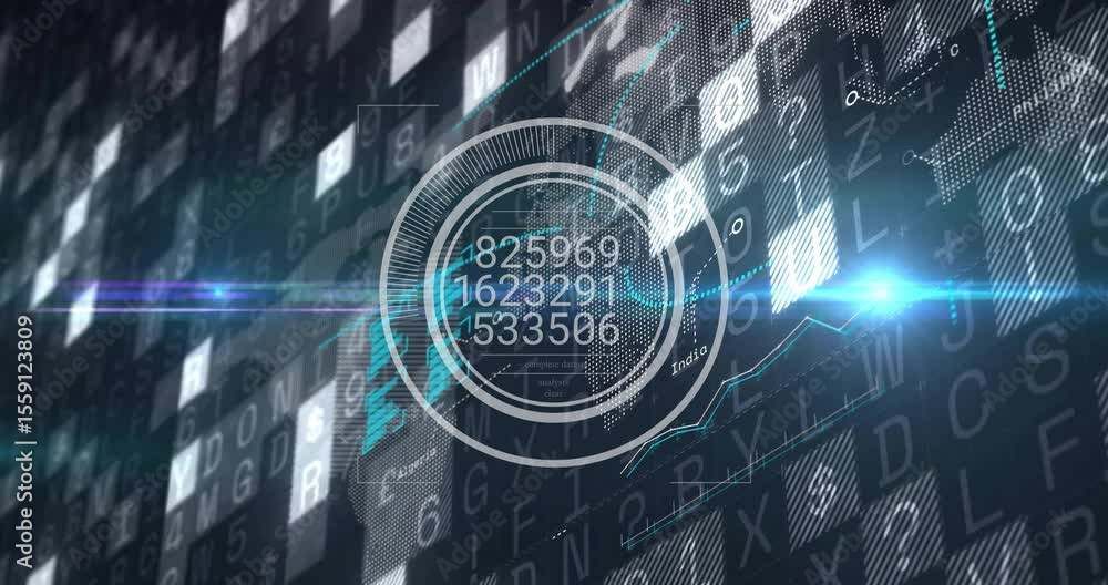 Poster opening code grid scrolling, dotted map appearing, hud fading in, numbers updating, graph animating