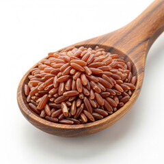 Red rice groats wooden spoon isolated