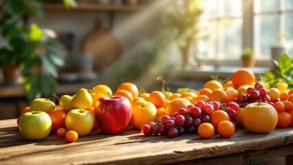 Harvest of Freshness: A vibrant assortment of fresh fruits, bathed in natural light, graces a rustic wooden table. An inviting scene of wholesome abundance.