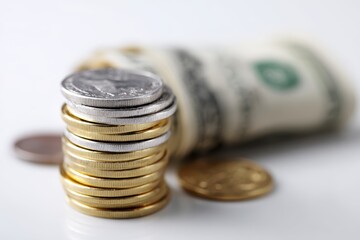 Stack of dollar bills and coins on clean white background symbolizing finance and wealth