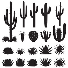 Fototapeta premium Collection of diverse black silhouette cacti and succulents on a white background