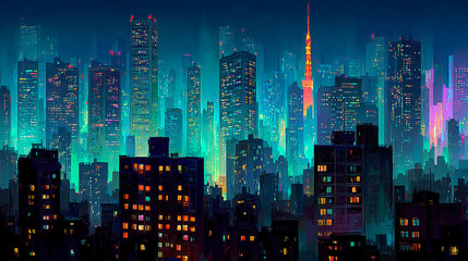 Experience the breathtaking nocturnal panorama of a bustling metropolis bathed in vibrant neon hues.