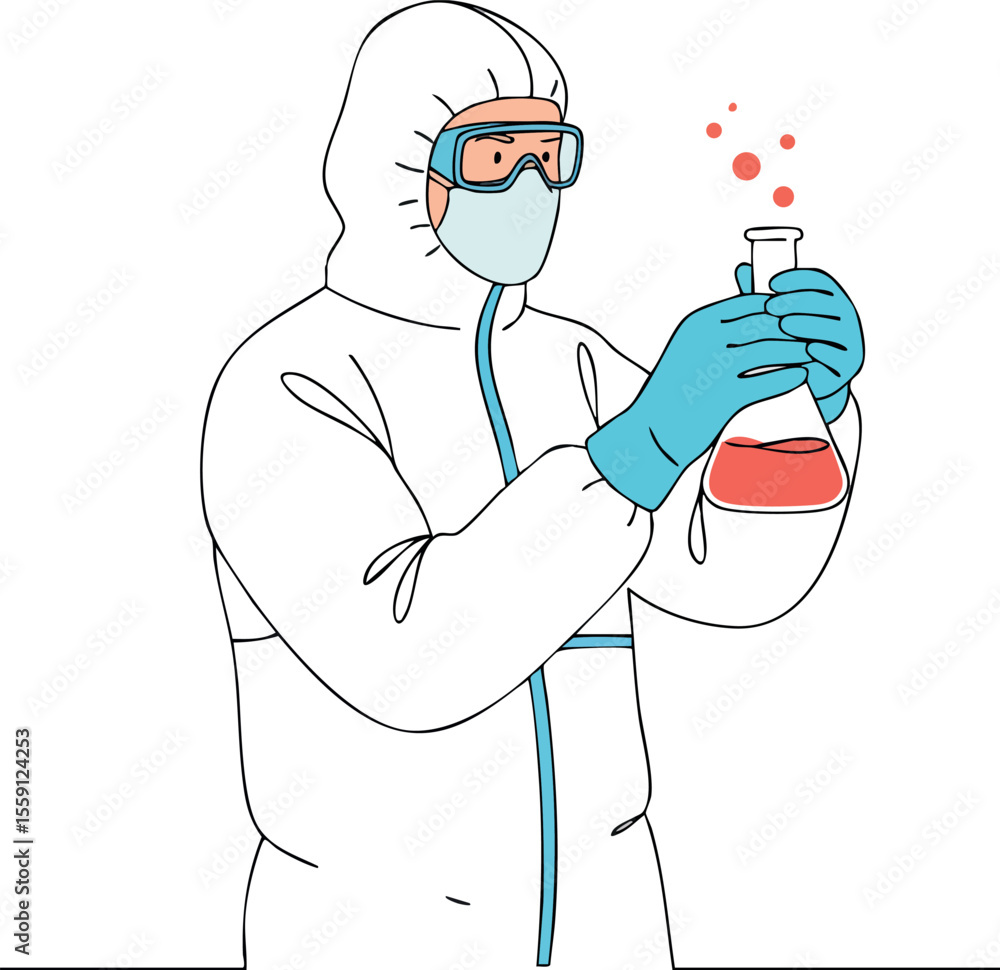 Poster scientist in protective suit holding flask with red liquid conducting laboratory experiment vector i