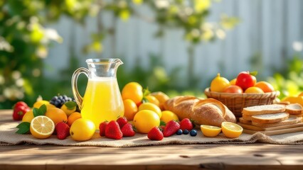 Summer Refreshment: A vibrant still life of fresh lemonade, and various fruits and breads. capturing a perfect summer moment