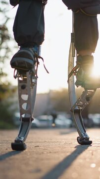 Low-angle view of a person using spring stilts outdoors in an urban setting with trees, parked cars, and blurred background. The focus is on their legs and stilts, with light emphasizing the movement