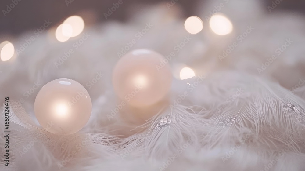 Poster soft spheres and feathers: dreamy bokeh and delicate texture.
