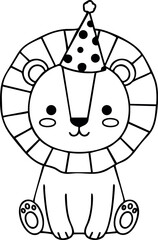 Fototapeta premium Cute lion cub wearing party hat sitting adorable cartoon style black and white vector illustration