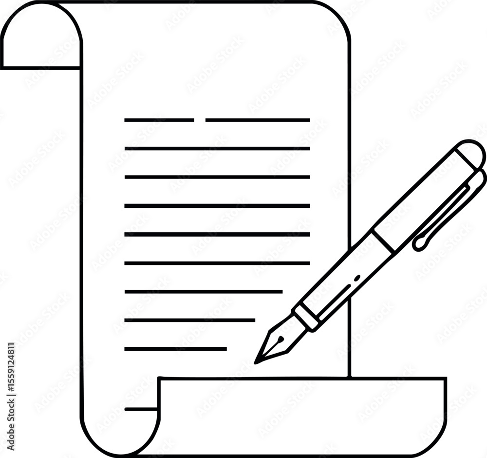 Aufkleber scroll with pen writing on paper vector line art icon for document or contract concept design