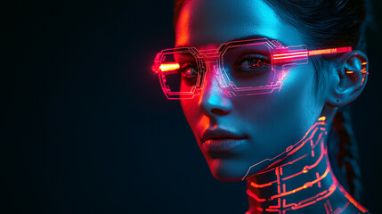 A captivating portrait of a woman with glowing neon glasses and cybernetic enhancements in a dark, futuristic setting