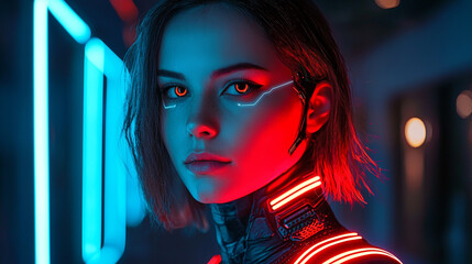 A captivating futuristic woman with glowing eyes stands amidst vibrant neon lights, embodying a cyberpunk aesthetic.