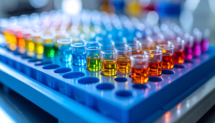 Obraz premium Colorful Laboratory Chemistry: A collection of small glass vials filled with vibrant, colorful liquids arranged in a precise array.