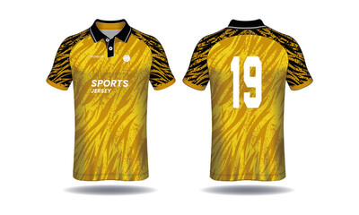 Front and back view of a yellow sports jersey with tiger stripe pattern and number 19 © MD kibriya Ahamed 