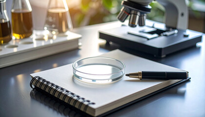 Scientific Study: A close-up view of a laboratory setting showcasing a scientific study with a microscope, notebook, petri dish, and beakers, bathed in the warm glow of the laboratory lights.