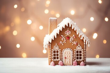 Festive gingerbread house decorated with icing and pink candy sits on a snowy table with warm christmas lights in the background