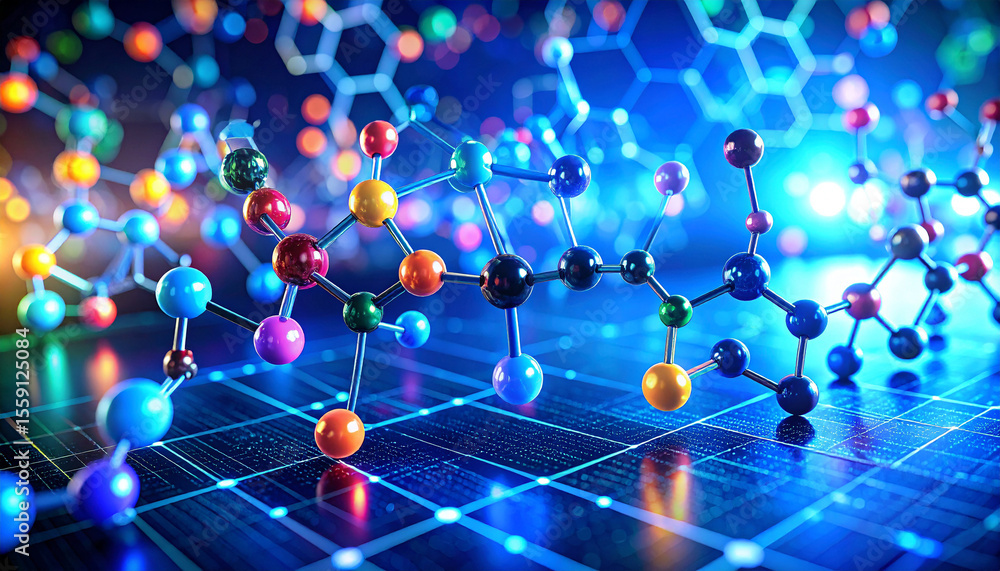 Poster molecular mesh: a vibrant digital rendering of interconnected molecular structures, glowing with neo