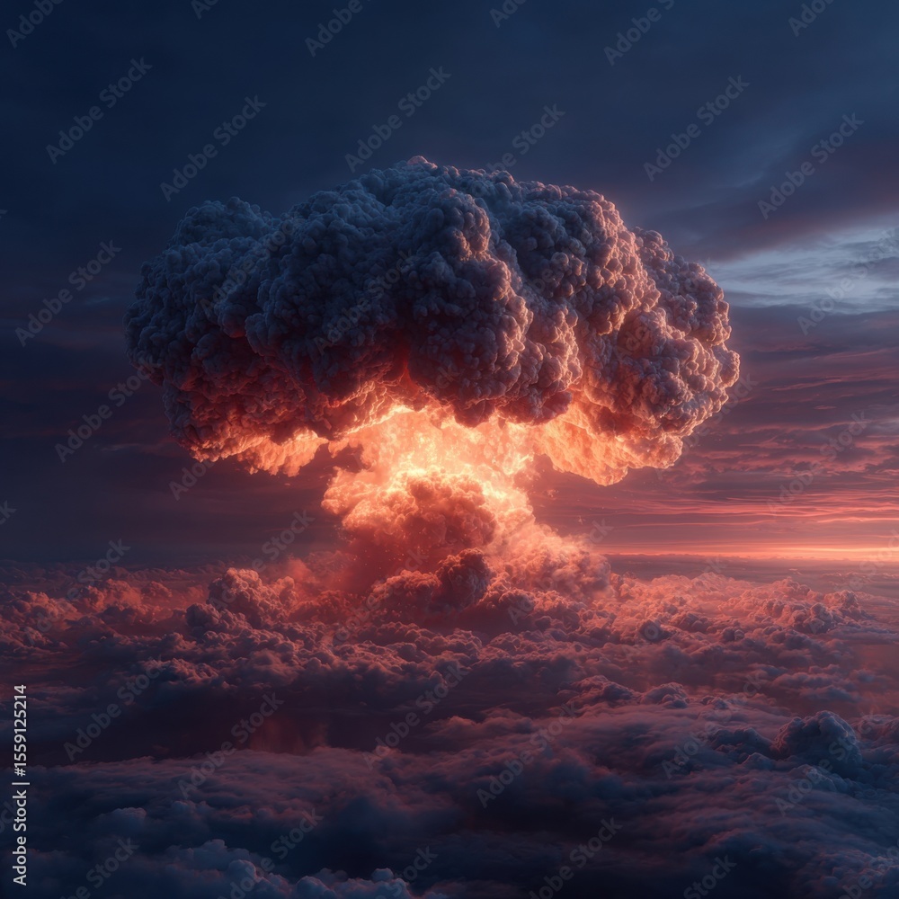 Poster an enormous mushroom cloud looms in the twilight sky, illuminated by intense orange and red hues. th