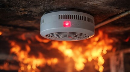 A fire alarm hangs from a ceiling as flames engulf part of the room. The red light on the alarm is illuminated, signaling a fire emergency during nighttime conditions.
