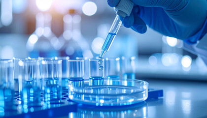Scientific Precision: A focused shot of a hand in a blue glove carefully handles a pipette, expertly dispensing liquid into a series of transparent containers.
