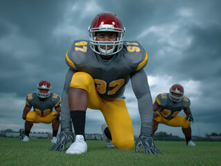 Three male football players in gray and yellow uniforms are preparing for a play on a grassy field under a dramatic cloudy sky, showcasing teamwork and athleticism