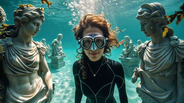 Underwater exploration with statues in a serene aquatic environment highlighted by natural light
