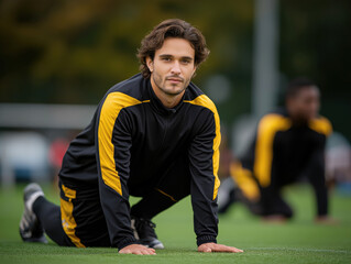 Young athletic man in black and yellow sportswear is stretching on a grassy field, preparing for training with teammates in the background, showcasing dedication to fitness and teamwork
