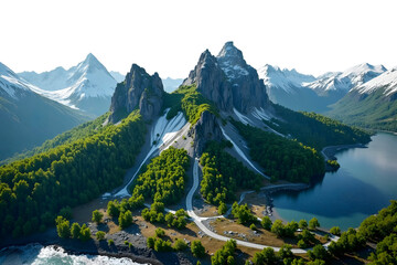 Aerial View of Majestic Mountain Landscape with Winding Road, Lush Green Forest along with Snowy Mountain, Blue Lakes, and Serene Valley under Clear Sky in Summer Isolated on Transparent Background.