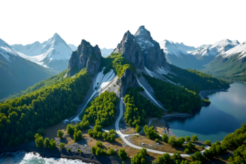 Aerial View of Majestic Mountain Landscape with Winding Road, Lush Green Forest along with Snowy Mountain, Blue Lakes, and Serene Valley under Clear Sky in Summer Isolated on Transparent Background.