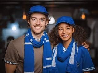 Two enthusiastic young individuals wearing blue caps and scarves are smiling together in a cozy indoor setting, showcasing team spirit and camaraderie in a vibrant atmosphere
