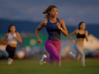 Athletic woman in blue tank top and pink leggings is sprinting on a grassy field during sunset, with other runners in the background showcasing a dynamic fitness scene