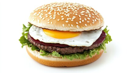 Aussie-style burger with beetroot, egg, and beef patty on sesame bun, clean white setting.