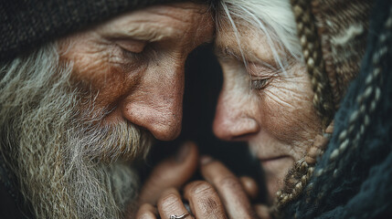 An elderly couple shares a tender moment of deep connection and enduring love, their faces close in quiet intimacy.
