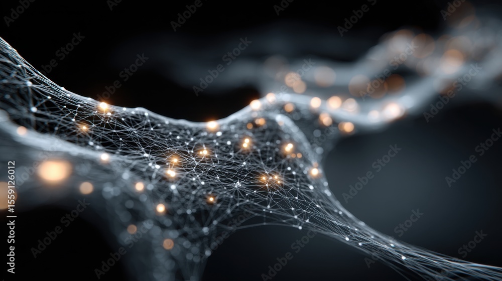 Poster a complex web of interconnected lines and nodes glows softly against a dark background, symbolizing 