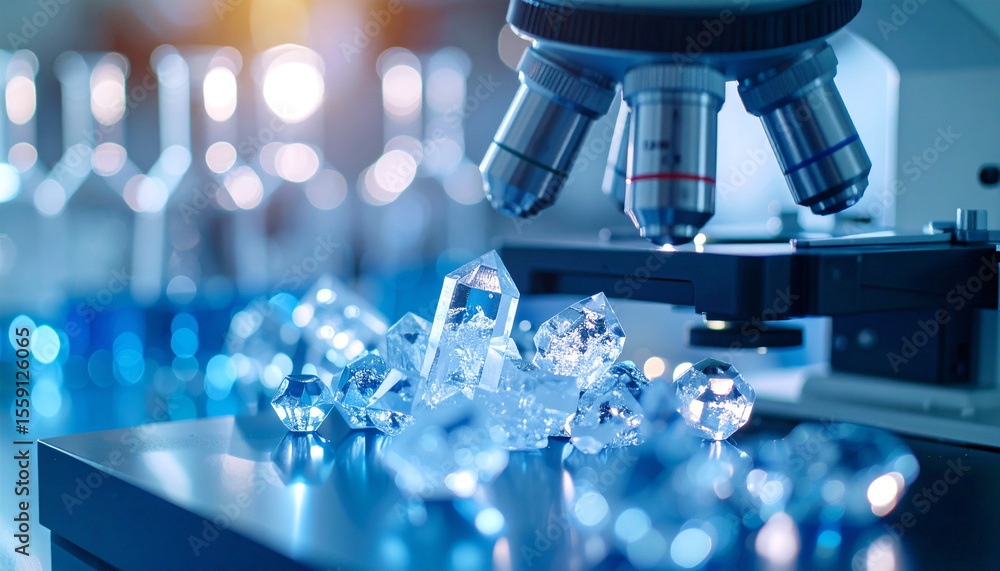 Poster laboratory microscope and crystal display: the image captures a serene laboratory setting. a microsc