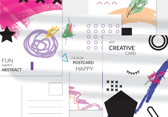 Postcard Layout with Hand Drawn Abstract Floral Doodles and Geometric Shapes