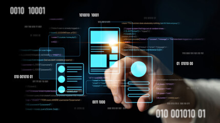UI UX mockup showing application layout, structure, and code interface. UI design defines user...