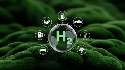 A digital illustration of a transparent globe with H2 in green letters floating above a vibrant green moss-covered surface.