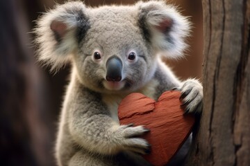 Fototapeta premium Adorable koala embraces a wooden heart, symbolizing love for animals and the importance of wildlife conservation