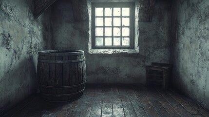 Old, dusty attic room with wooden barrel