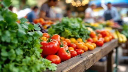 Farmers Market Abundance: A vibrant display of fresh, colorful tomatoes and vibrant green herbs at a bustling farmers market, showcasing the bounty of the harvest season.