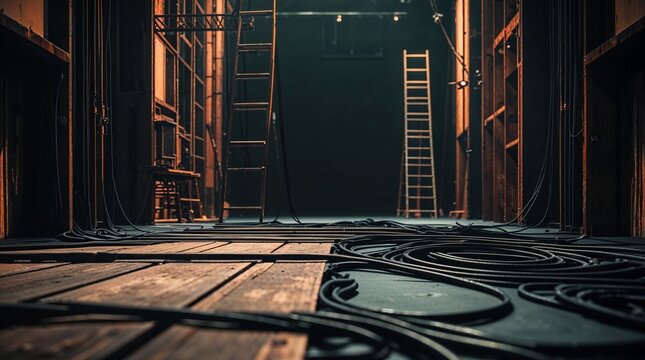 Empty theater stage with wooden floor and backstage equipment during a quiet evening