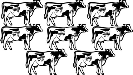 A pattern of dairy cows with black spots standing in a field rendered in black and white style art