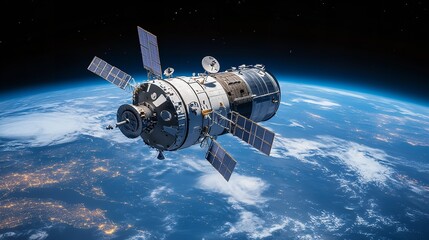 Satellite orbiting earth stock photo high resolution space station cosmos exploration research technology mission silhouette